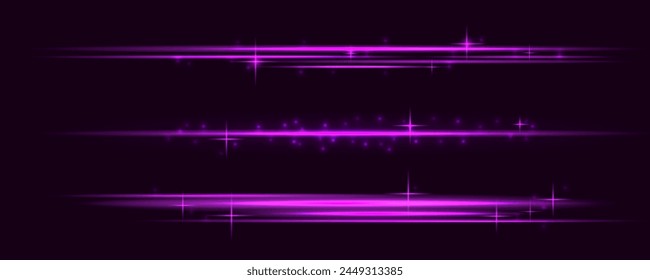 Set of purple horizontal highlights of abstract glowing stars and twinkles. Glowing purple, pink light effects isolated on transparent background. Laser beams, light rays.	
