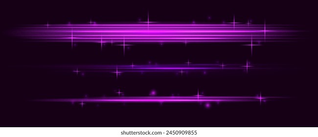Set of purple horizontal highlights of abstract glowing stars and twinkles. Glowing purple, pink light effects isolated on transparent background. Laser beams, light rays.	
