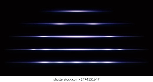 Conjunto de un Horizontal rayo láser púrpura aislado sobre un fondo negro. Luz de los faros de un coche. Rayas brillantes. Abstractas Ilustración vectorial.