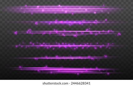 Set purple horizontal lens flares pack, glowing stars and sparkles. Laser sparkle beams, glowing violet speed rays, dust sparks light effect. Vector.	
