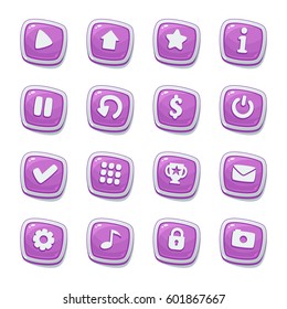 Set of purple icons isolated on white background for game user interface. Mobile app vector elements template.