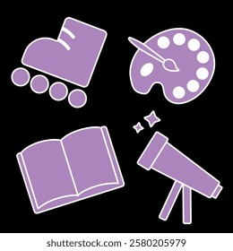 Set of purple icons with white outline on black background. Cartoon vector illustration for print, web, activity book. Rollers, painting, book, telescope.