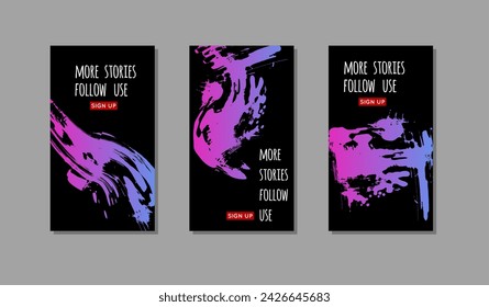 Set of purple ink brush stroke on black background. Japanese style. Vector illustration of grunge stains