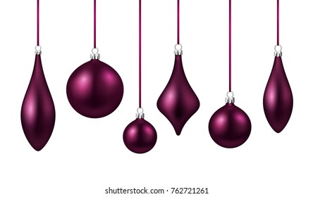 Set of purple isolated figured Christmas balls. Vector illustration template.