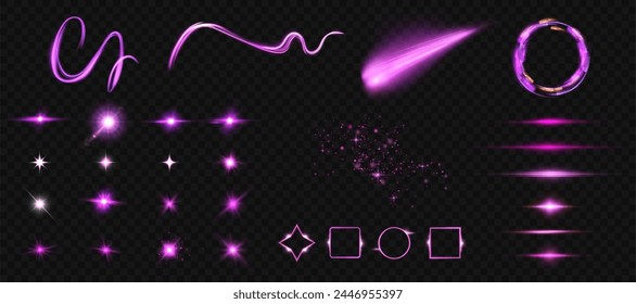 Set of purple light effects shining frames, vector swirl light lines, horizontal light lines. Vector