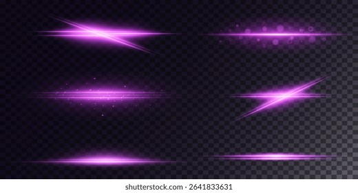 Set of purple light flashes and laser horizontal light lines.Vector.EPS 10.
