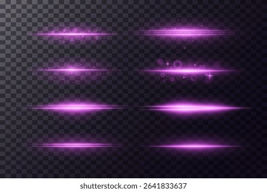 Set of purple light flashes and laser horizontal light lines.Vector.EPS 10.