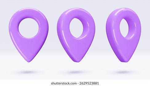 Set purple location pointers, placemark, markers of map, navigation pin sign. 3d GPS icon with shadow. Sign for searching on map direction. Vector render illustration isolated on white background