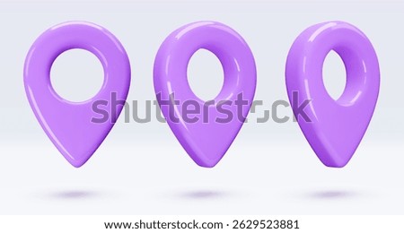 Set purple location pointers, placemark, markers of map, navigation pin sign. 3d GPS icon with shadow. Sign for searching on map direction. Vector render illustration isolated on white background
