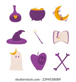 conjunto de decoración morada mágica. poción, caldero, fantasma, sombrero de bruja, varita mágica, libro de hechizos