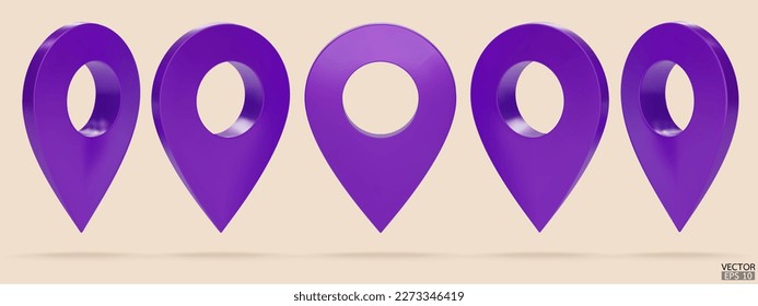 Conjunto de puntero de mapa morado aislado en fondo beige. Pin de posición púrpura o navegación. Marca del localizador 3D del puntero del mapa, símbolo, posición. Ilustración vectorial 3D.