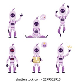 Set of purple mascot robots showing different messages flat style, vector illustration isolated on white background. Friendly personal assistant, modern computer technologies