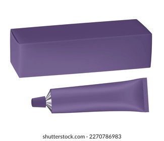 Set of purple metal tube and box. Realistic mockup. Ointment or salve. Korean packaging. Blank cardboard package