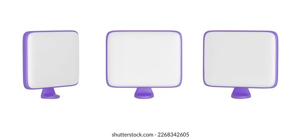  Set of purple monitors display at different position.  Cartoon 3d monitors. 
 Realistic cartoon  computer monitor icons . Screen mockup. 3D vector illustration