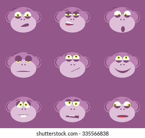 Set of purple monkey faces with expressions.