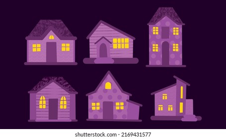 Set of purple night monochrome houses on a dark blue background with yellow light in the windows