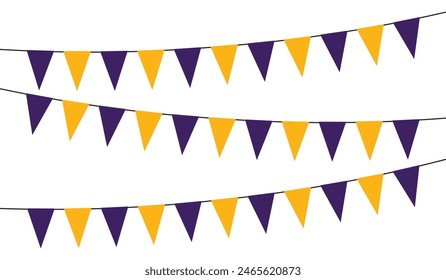 A set of purple and orange carnival garlands. Pennants, triangular flags, birthday decorations.