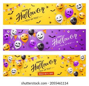 Set of purple and orange Halloween banners. Spiders, bats, balloons with scary smiles and text Happy Halloween and Sale. Illustration for children's holiday design, decoration, cards, banner, template