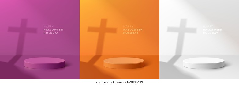 Set of purple, orange, white realistic 3d cylinder pedestal podium with cross sign shadow silhouette isolated. Happy halloween scene for mockup products display, Stage showcase. Vector geometric form.