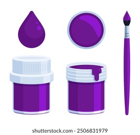 Set of purple paint bottle with brush and paint drop. Flat vector illustration isolated on white background. Tempera, gouache, acrylic, and watercolor painting concepts. Perfect for creative projects
