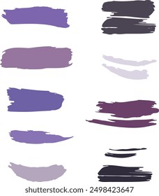 Set of purple paint brushstrokes. Grunge violet color splatters. Abstract vector element paint streak banners in lavender.