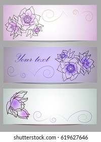 A set of purple paper banners or invitations with beautiful hand painted flowers