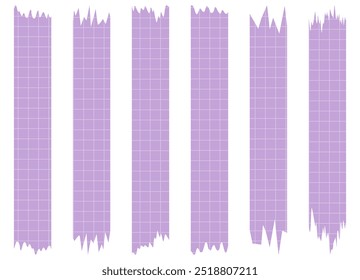 Set of purple paper sheets isolated on white. Pieces of decorative tape for scrapbooks. Washi tapes collection in vector. Ripped paper. Torn pieces of paper from a notebook in a cell. Colorful ribbons