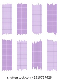 Conjunto de folhas de papel roxas isoladas em branco. Pedaços de fita decorativa para livros de recortes. Coleção de fitas Washi em vetor. Papel rasgado. Pedaços de papel rasgados de um notebook em uma célula. Fitas coloridas