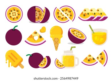 Set of Purple Passion Fruit, Farm fresh product emblem for grocery shop, collection of ice cream, Juice jar, glass of juice, ice cream cone and stick, simple flat vector illustration of fruits.