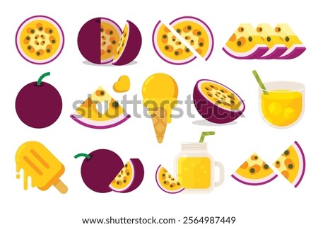 Set of Purple Passion Fruit, Farm fresh product emblem for grocery shop, collection of ice cream, Juice jar, glass of juice, ice cream cone and stick, simple flat vector illustration of fruits.