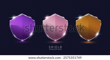 Set of purple pink and orange shield translucent glass empty for text or logo. Protected guard privacy concept. Safety badge icon. 3D Vector EPS10.