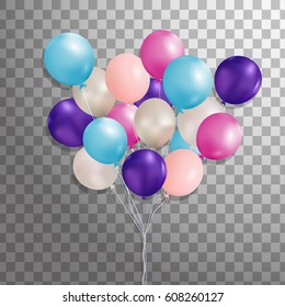 Set of purple, pink, silver, blue helium balloon isolated in the air. Party decorations for birthday, anniversary, celebration. . Vector.