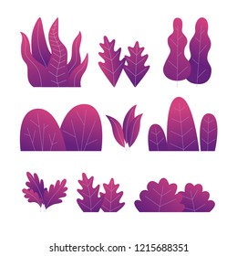 Set of purple plants. Different trees, bushes and leaves. Vector flat illustration.