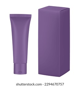 Set of purple plastic tube and box. Realistic mockup. Ointment or salve. Gel serum. Korean packaging. Blank cardboard package