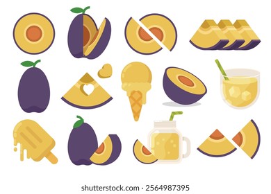 Set of Purple Plum, Farm fresh Plum product emblem for grocery shop, collection of ice cream, Juice jar, glass of juice, ice cream cone and stick, simple flat vector illustration of fruits.