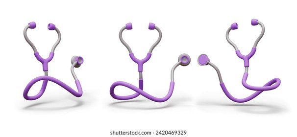 Conjunto de estetoscopios morados realistas en diferentes posiciones. Herramienta de cardiología