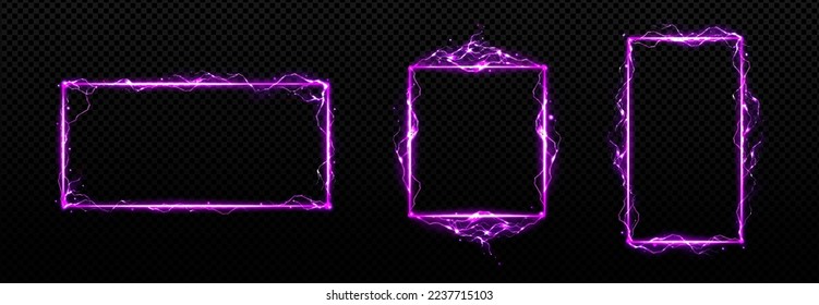 Conjunto de marcos de luz rectangulares púrpuras aislados sobre fondo transparente. Ilustración vectorial realista del poder mágico brillante de neón, efecto de energía eléctrica bordea el juego ui. Elemento de diseño