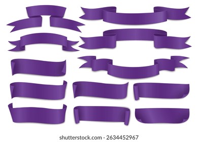 Set of purple ribbon banners for label, decoration, and graphic design elements.