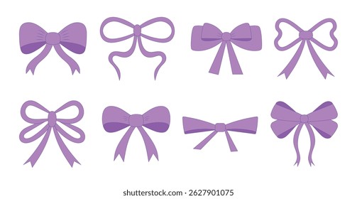 Set of purple ribbon bows. Hand drawn bows set. Coquette aesthetics. Isolated vector illustration.