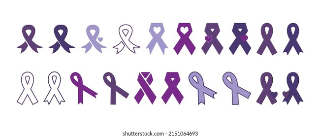 Set of purple ribbon icons. Dementia awareness, cancer, epilepsy and Alzheimer's disease, against homophobia and domestic violence. Vector elements isolated on white background. Awareness ribbons.
