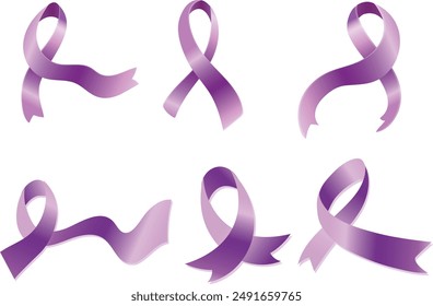 Set of purple ribbon icons. Dementia awareness, cancer, epilepsy and Alzheimer's disease, against homophobia and domestic violence. Vector elements isolated on white background. Awareness ribbons.