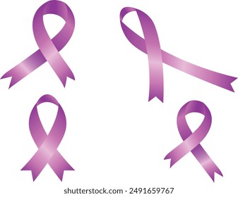 Conjunto de iconos de cinta púrpura. Conciencia de la demencia, el cáncer, la epilepsia y la enfermedad de Alzheimer, contra la homofobia y la violencia doméstica. Elementos de Vector aislados sobre fondo blanco. Cintas de conciencia.