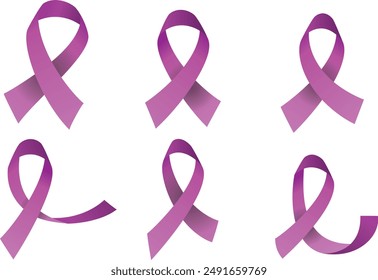 Conjunto de iconos de cinta púrpura. Conciencia de la demencia, el cáncer, la epilepsia y la enfermedad de Alzheimer, contra la homofobia y la violencia doméstica. Elementos de Vector aislados sobre fondo blanco. Cintas de conciencia.