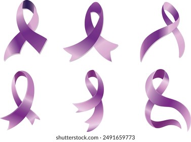 Set of purple ribbon icons. Dementia awareness, cancer, epilepsy and Alzheimer's disease, against homophobia and domestic violence. Vector elements isolated on white background. Awareness ribbons.