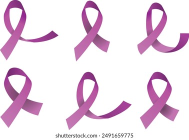 Set of purple ribbon icons. Dementia awareness, cancer, epilepsy and Alzheimer's disease, against homophobia and domestic violence. Vector elements isolated on white background. Awareness ribbons.