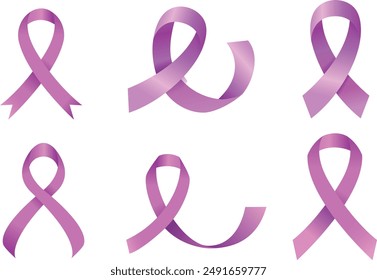 Set of purple ribbon icons. Dementia awareness, cancer, epilepsy and Alzheimer's disease, against homophobia and domestic violence. Vector elements isolated on white background. Awareness ribbons.