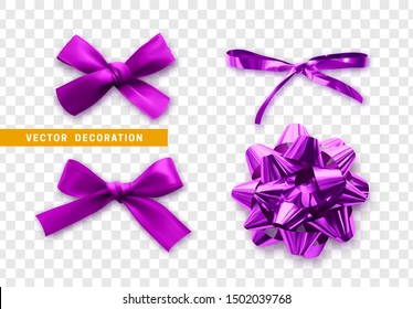 Set of purple ribbons bows. Festive realistic decorative design elements. Celebrate decoration. Vector illustration