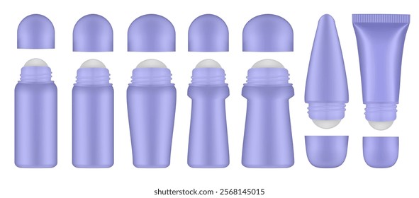 Set of purple roller ball bottles. Body antiperspirant deodorant roll-on, open blank bottles with screw cap. Realistic vector mockup. Roller Applicator	
