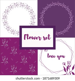 Set of purple seamless floral patterns on white and purple background