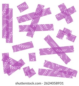 Set of purple semi-transparent washi tapes with pattern isolated on white. Tapes collection in vector. Pieces of decorative tape for scrapbooks. Torn paper. Spring, summer